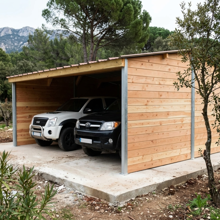 Garage en bois Douglas avec poteau métal