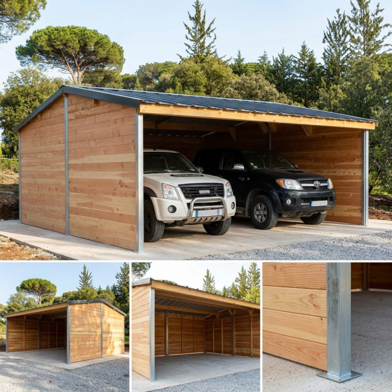 Garage en bois Douglas avec poteau métal