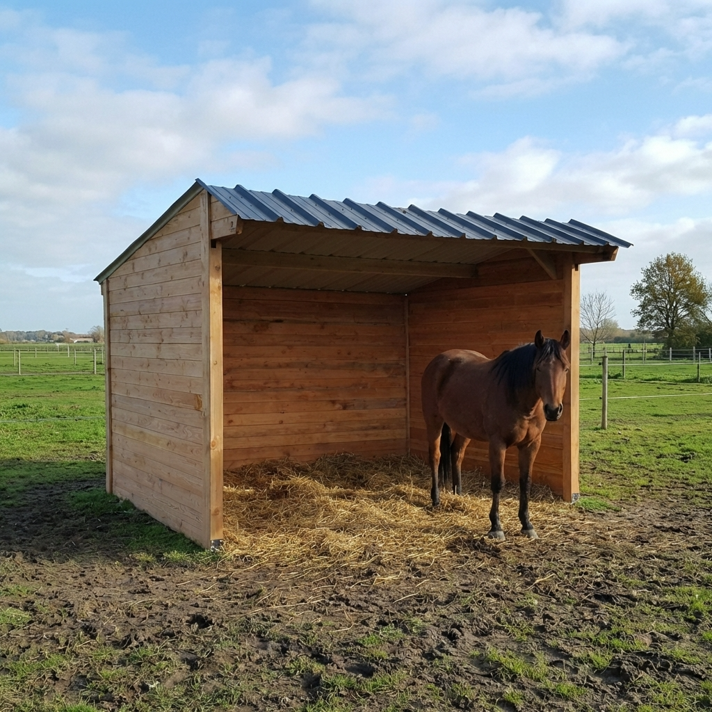 Abri de prairie 3x4m double pente avec chevaux