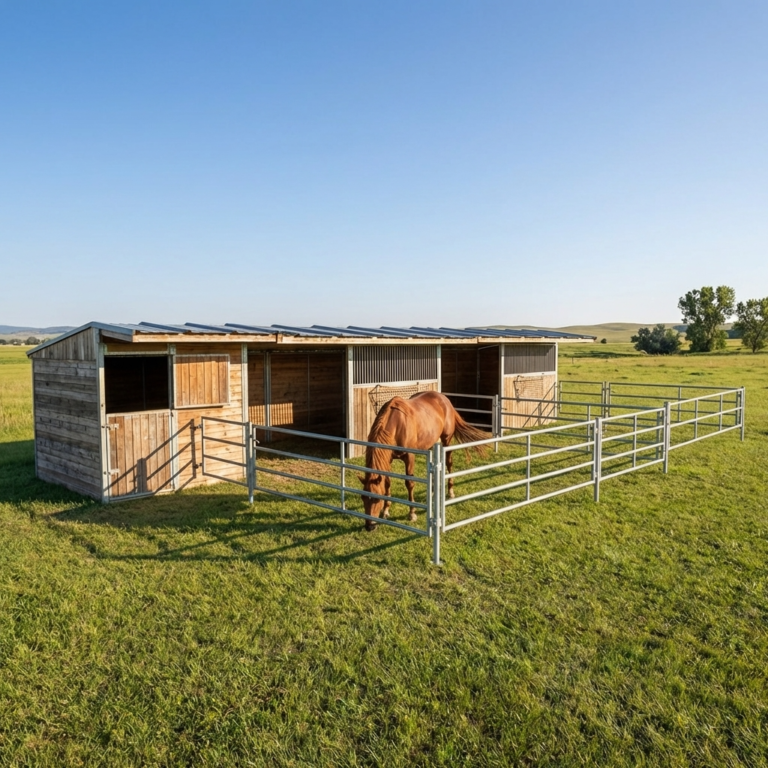 Abri terrasse pour chevaux en bois et métal