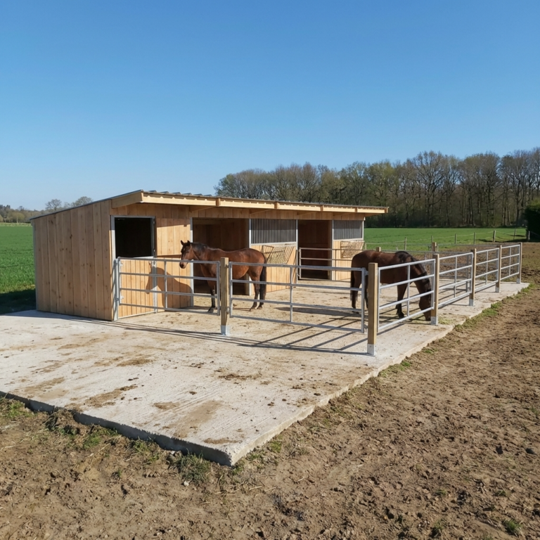 Abri terrasse pour chevaux en bois et métal