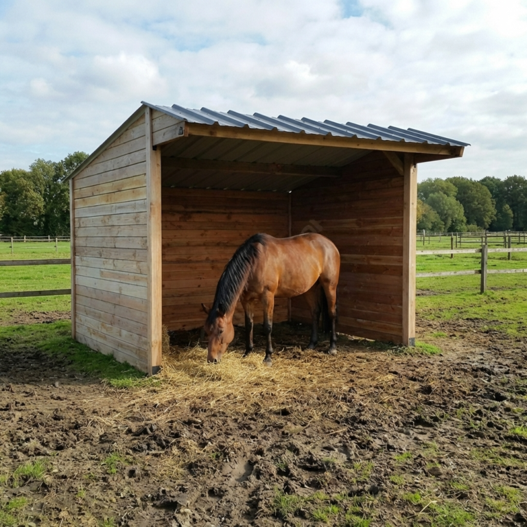 Abri de prairie 3x4m double pente avec chevaux