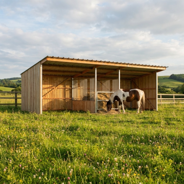 Abri double avec râtelier central ECO pour chevaux