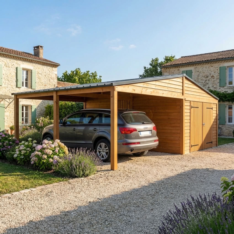 Garage avec carport double pente en bois douglas