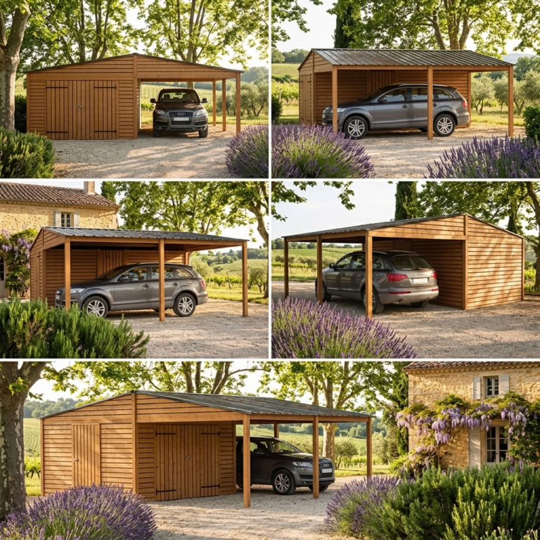 Garage avec carport double pente en bois douglas