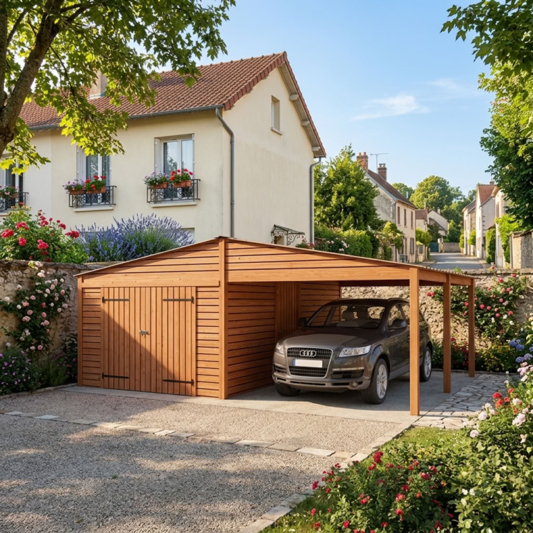 Garage avec carport double pente en bois douglas