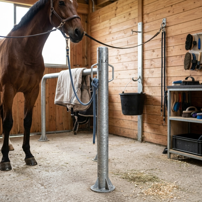 Poteau d'attache pour cheval dans une air de pansage