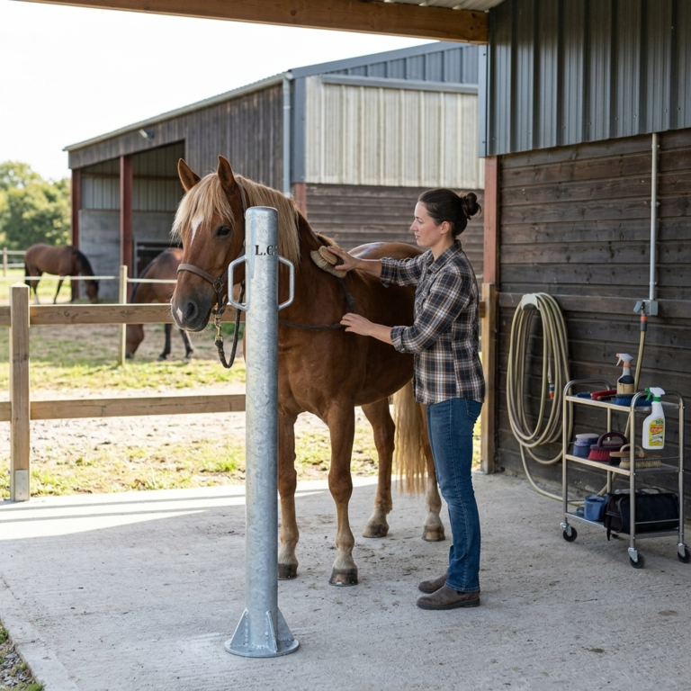 Poteau d'attache pour cheval dans une air de pansage