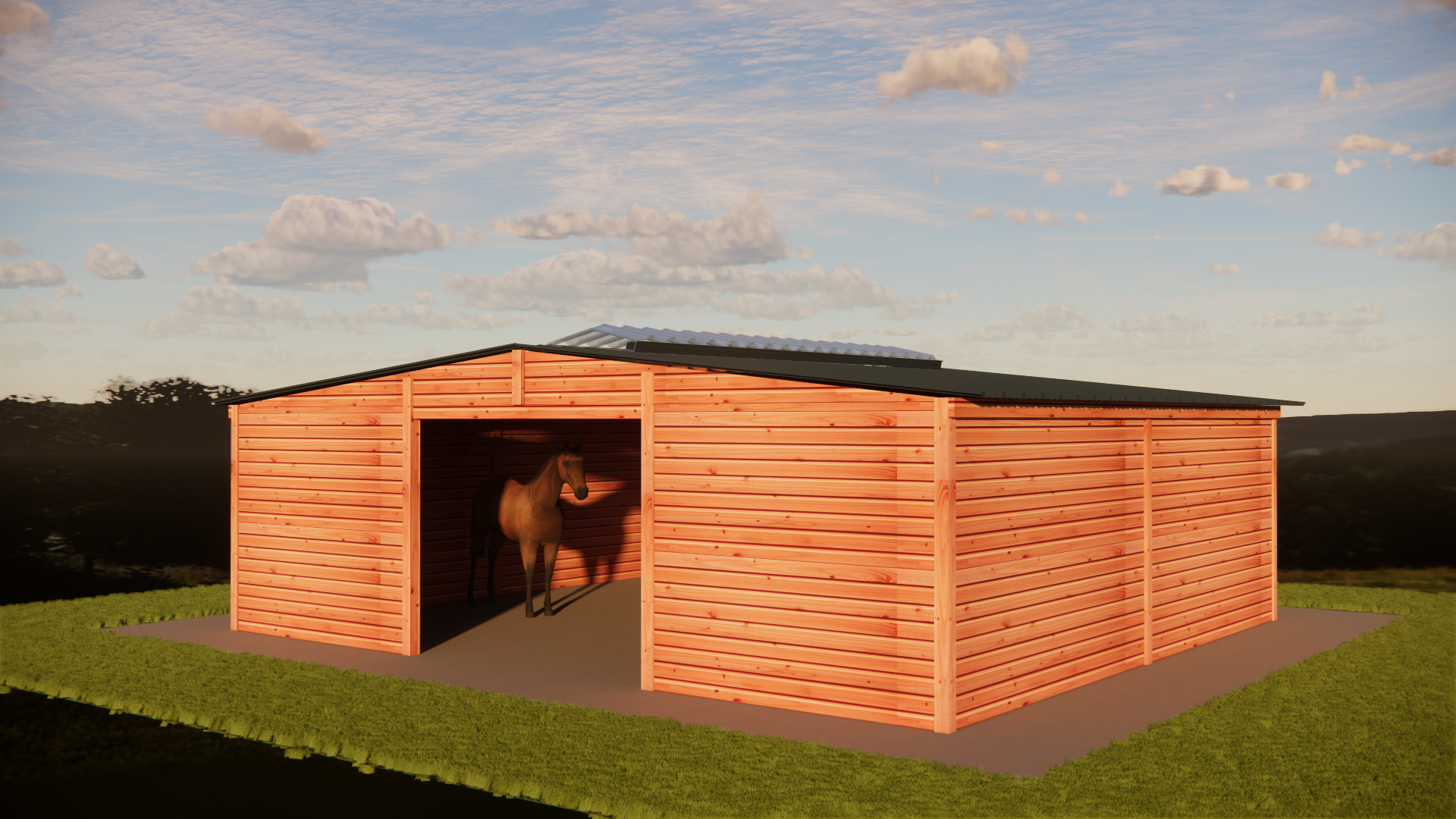 Double abri 8×9 m bois Douglas avec couloir central LCI Cheval