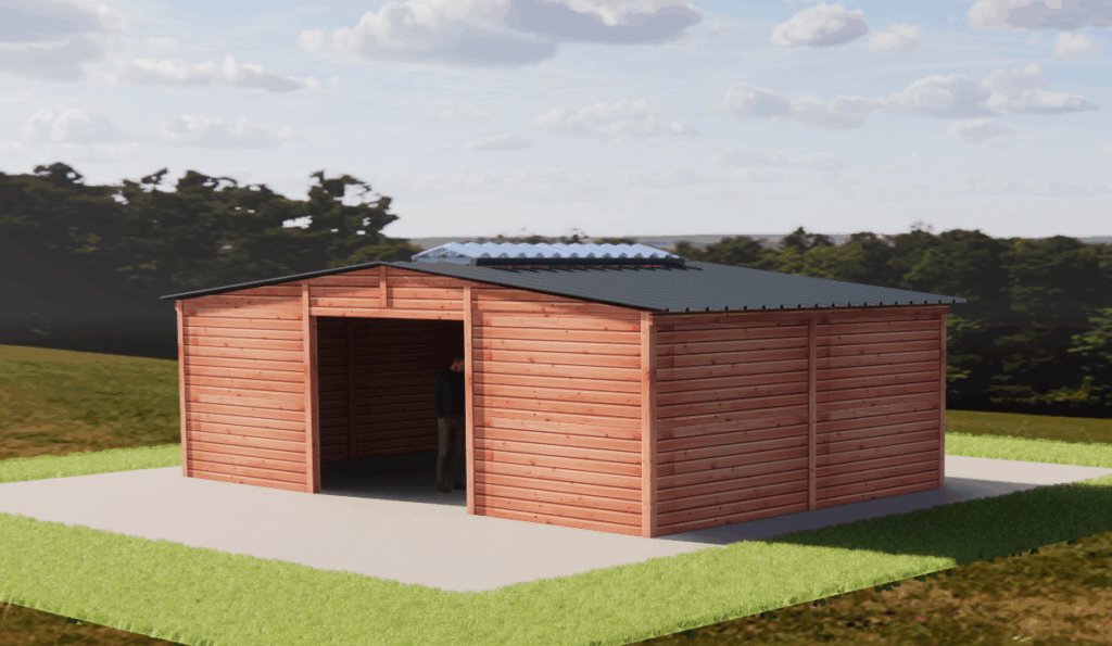 Double abri chevaux bois Douglas avec couloir de jonction type mini barn