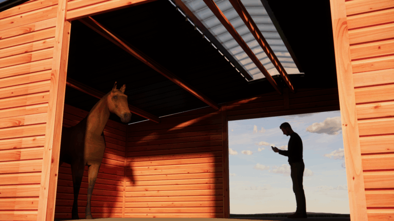 Double abri chevaux bois Douglas avec couloir de jonction LCI Cheval