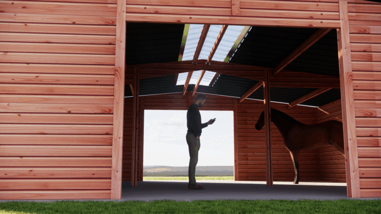 Double abri 8×9 m bois Douglas avec couloir central LCI Cheval