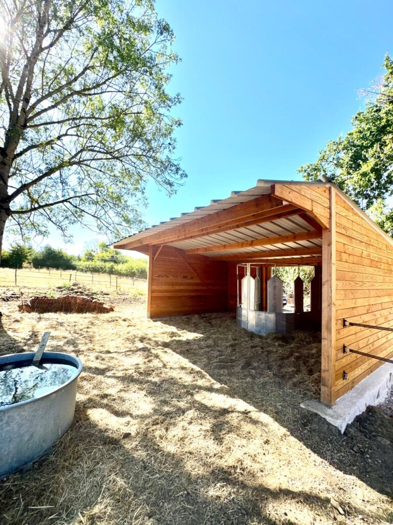 Abri pour chevaux avec râtelier central circulaire