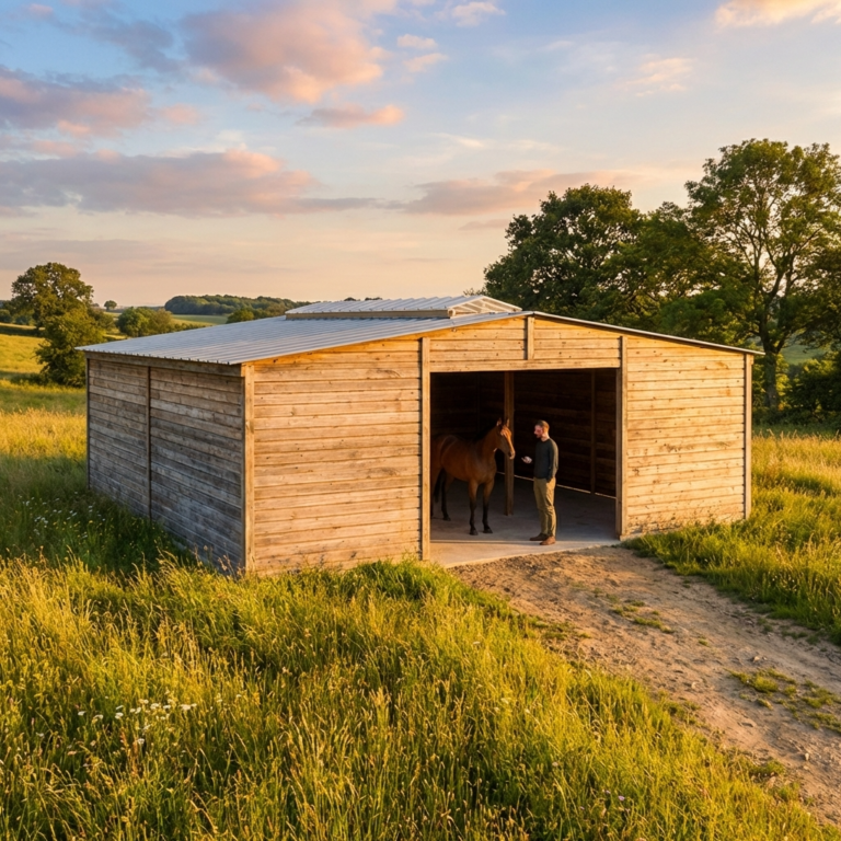 Abri type stabulation en bois Douglas pour chevaux
