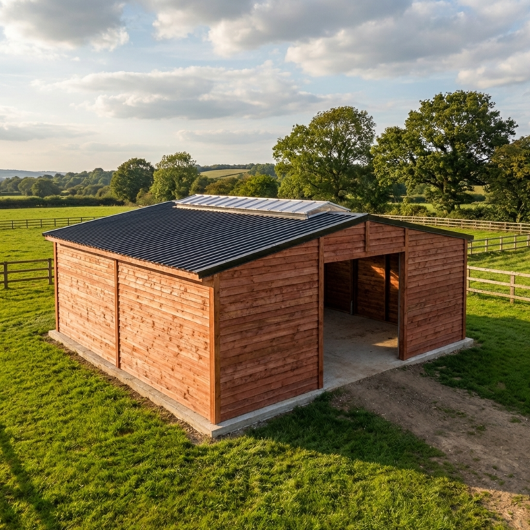 Abri type stabulation en bois Douglas pour chevaux