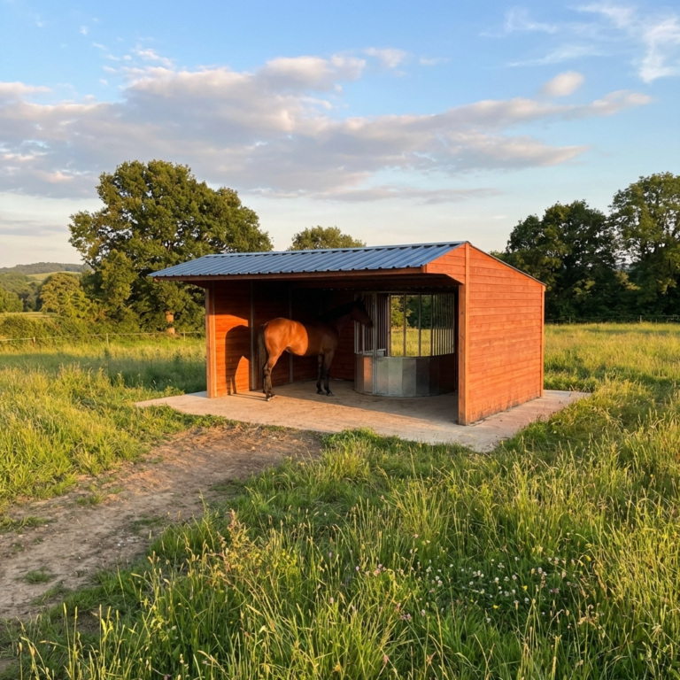 Abri cheval avec râtelier central circulaire pour round foin