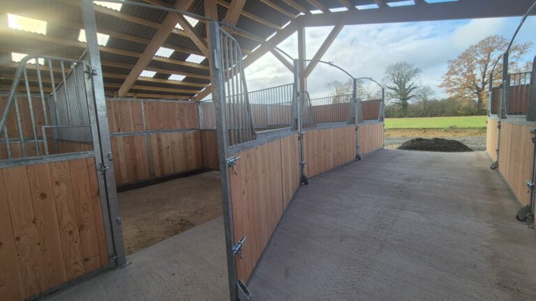 “Façade de box col de cygne avec porte à ouverture totale, grilles sur-mesure pour curage mécanique”