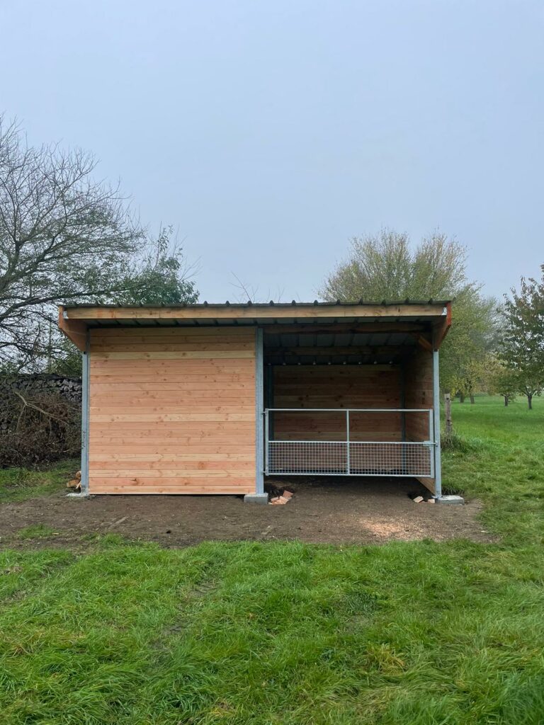 Abri pro en bois et métal avec barrière pour chevaux