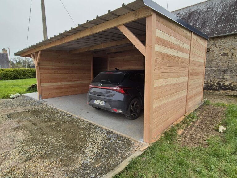 “Carport avec atelier de rangement intégré, structure extérieure pour protection de véhicule et stockage”