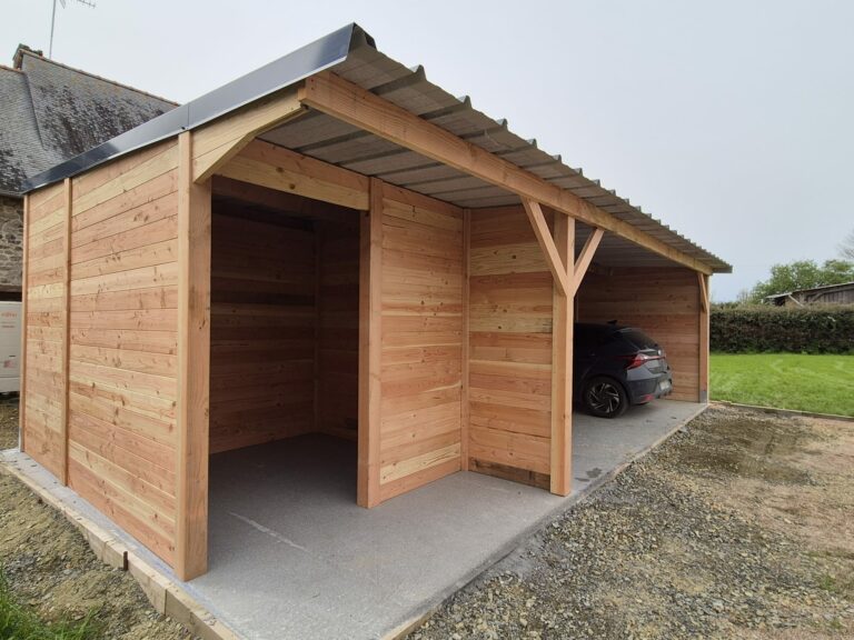 “Carport avec atelier de rangement intégré, structure extérieure pour protection de véhicule et stockage”