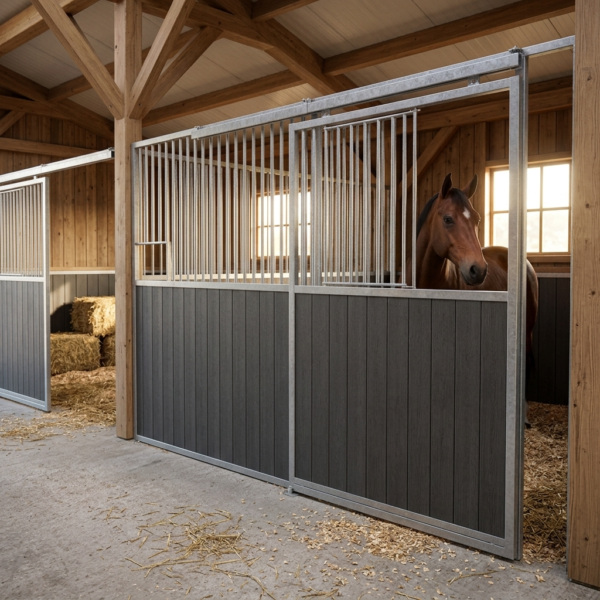 Façade de box avec porte coulissante et demi-volet résine