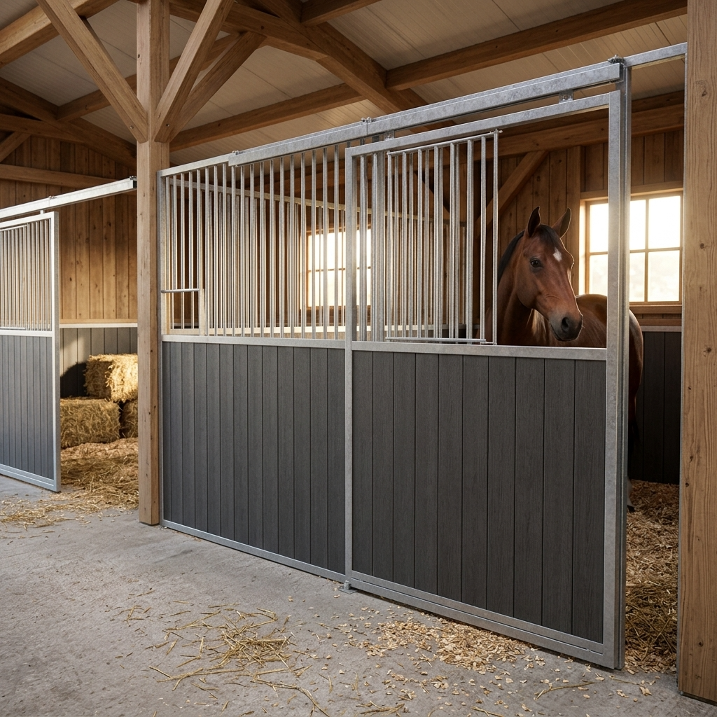 Façade de box avec porte coulissante et demi-volet résine