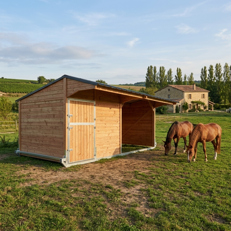 Box avec abri déplaçable pour chevaux