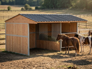 Abri avec râtelier démontable 3 x 6 m en bois pour chevaux