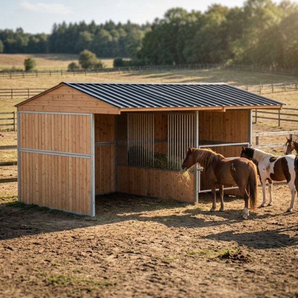 Abri avec râtelier démontable 3 x 6 m en bois pour chevaux