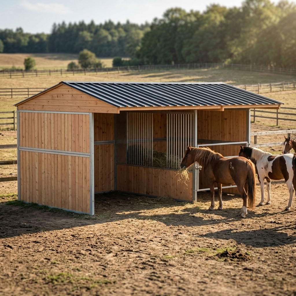 Abri avec râtelier démontable 3 x 6 m en bois pour chevaux